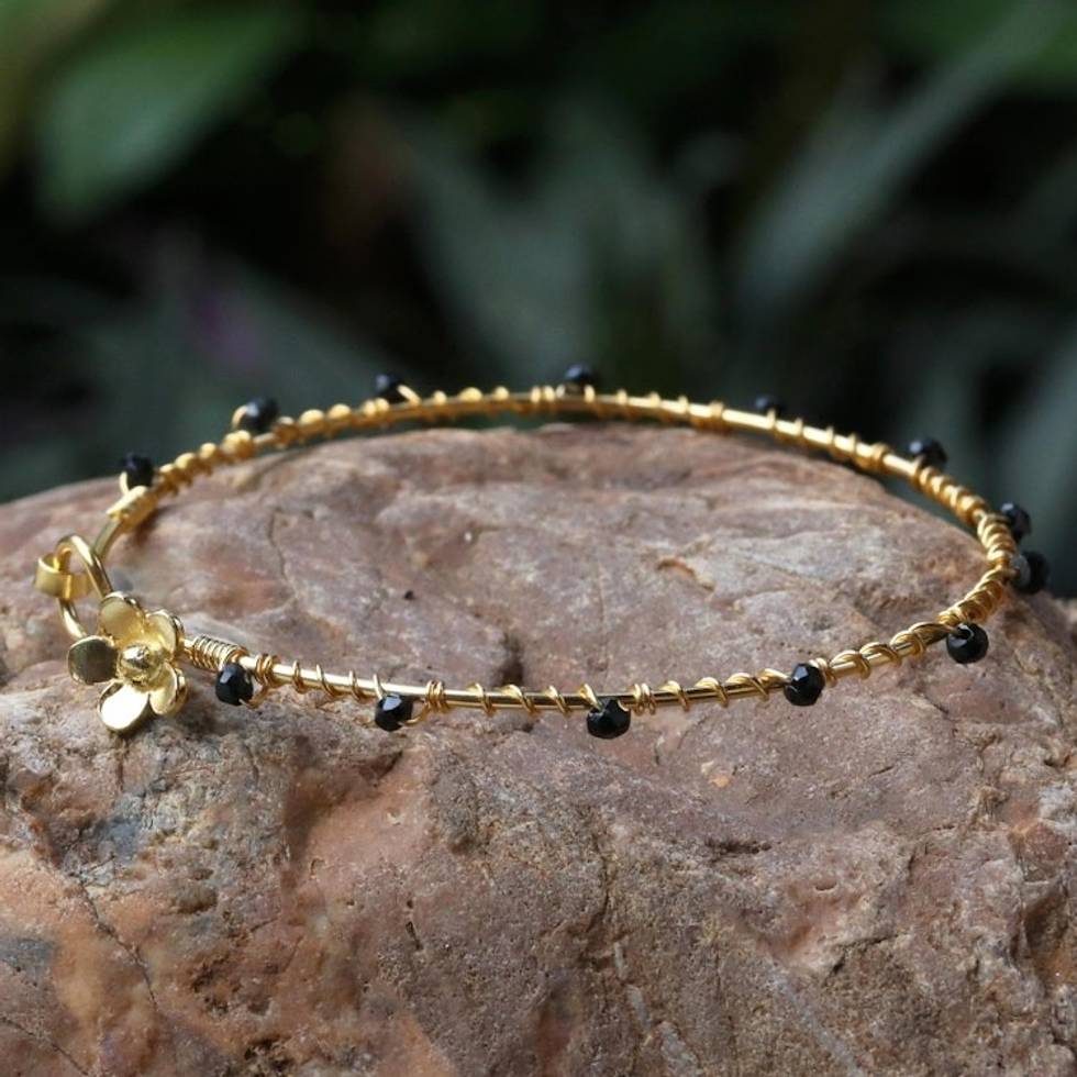 Gold Plated Onyx Floral Bangle Bracelet from Thailand 'Floral Berries'