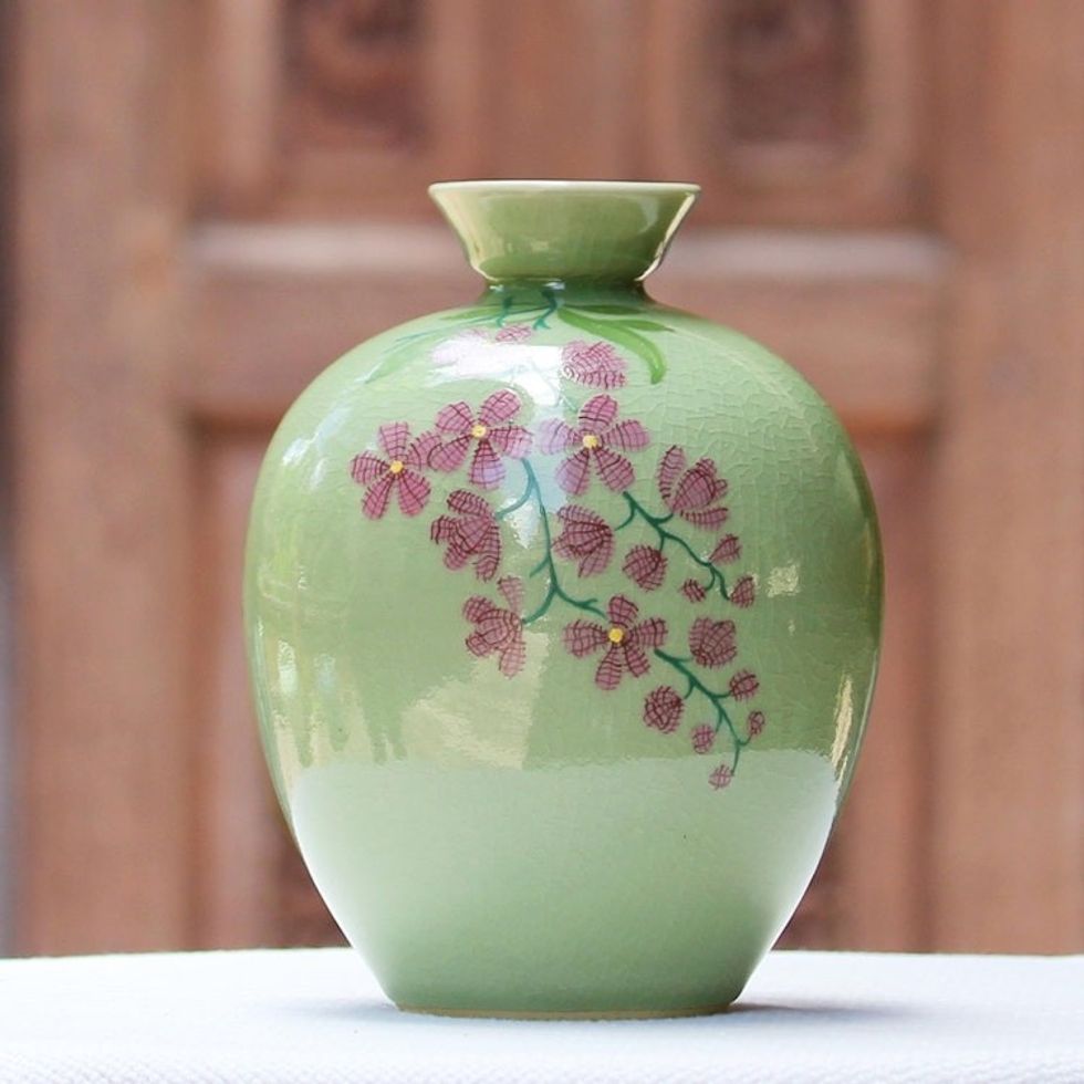 Hand Crafted Celadon Ceramic Floral Vase from Thailand 'Round Garden'