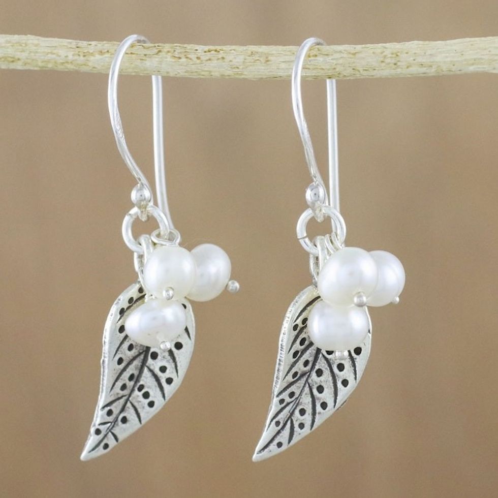 Cultured Pearl Leaf Dangle Earrings in White from Thailand 'Lively Leaves in White'