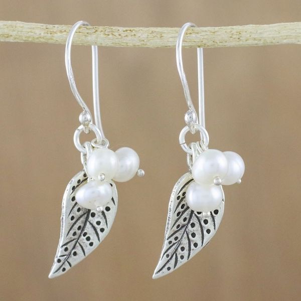 Alternate image for Cultured Pearl Leaf Dangle Earrings in White from Thailand Lively Leaves in White