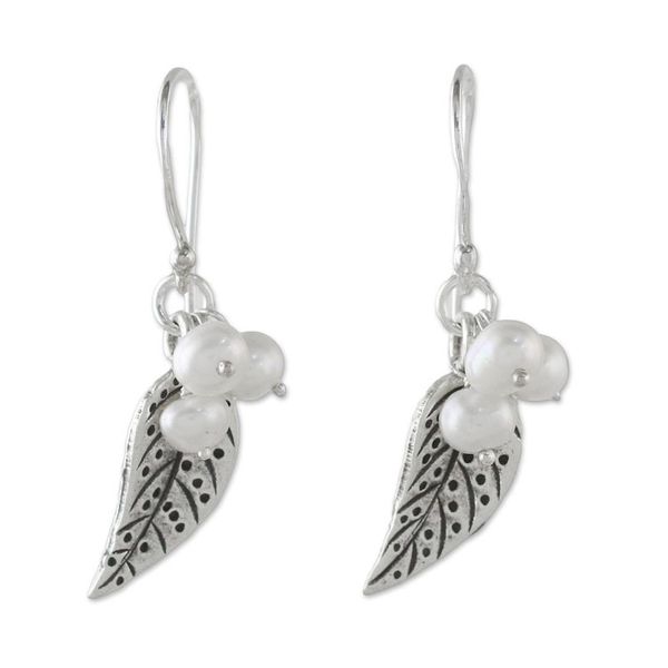 Alternate image for Cultured Pearl Leaf Dangle Earrings in White from Thailand Lively Leaves in White