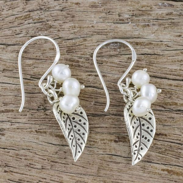Alternate image for Cultured Pearl Leaf Dangle Earrings in White from Thailand Lively Leaves in White