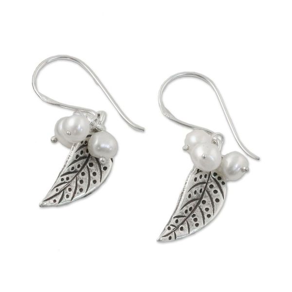 Alternate image for Cultured Pearl Leaf Dangle Earrings in White from Thailand Lively Leaves in White
