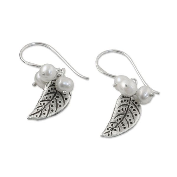 Alternate image for Cultured Pearl Leaf Dangle Earrings in White from Thailand Lively Leaves in White