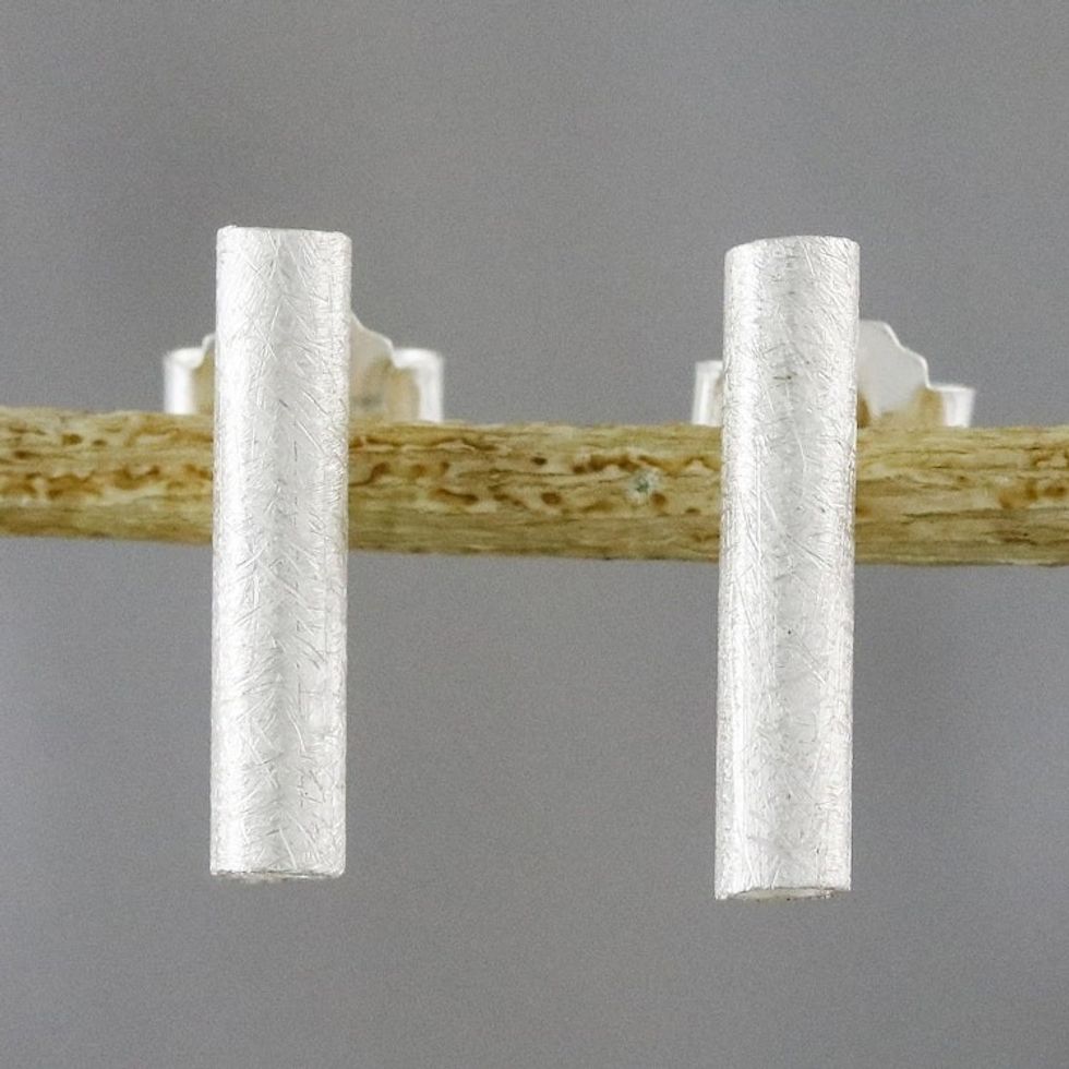 Cylindrical Sterling Silver Drop Earrings from Thailand 'Gleaming Tubes'