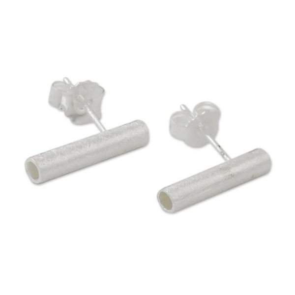 Alternate image for Cylindrical Sterling Silver Drop Earrings from Thailand Gleaming Tubes