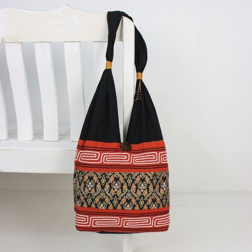 Floral Cotton Blend Shoulder Bag in Paprika from Thailand 'Charming Thai in Paprika'