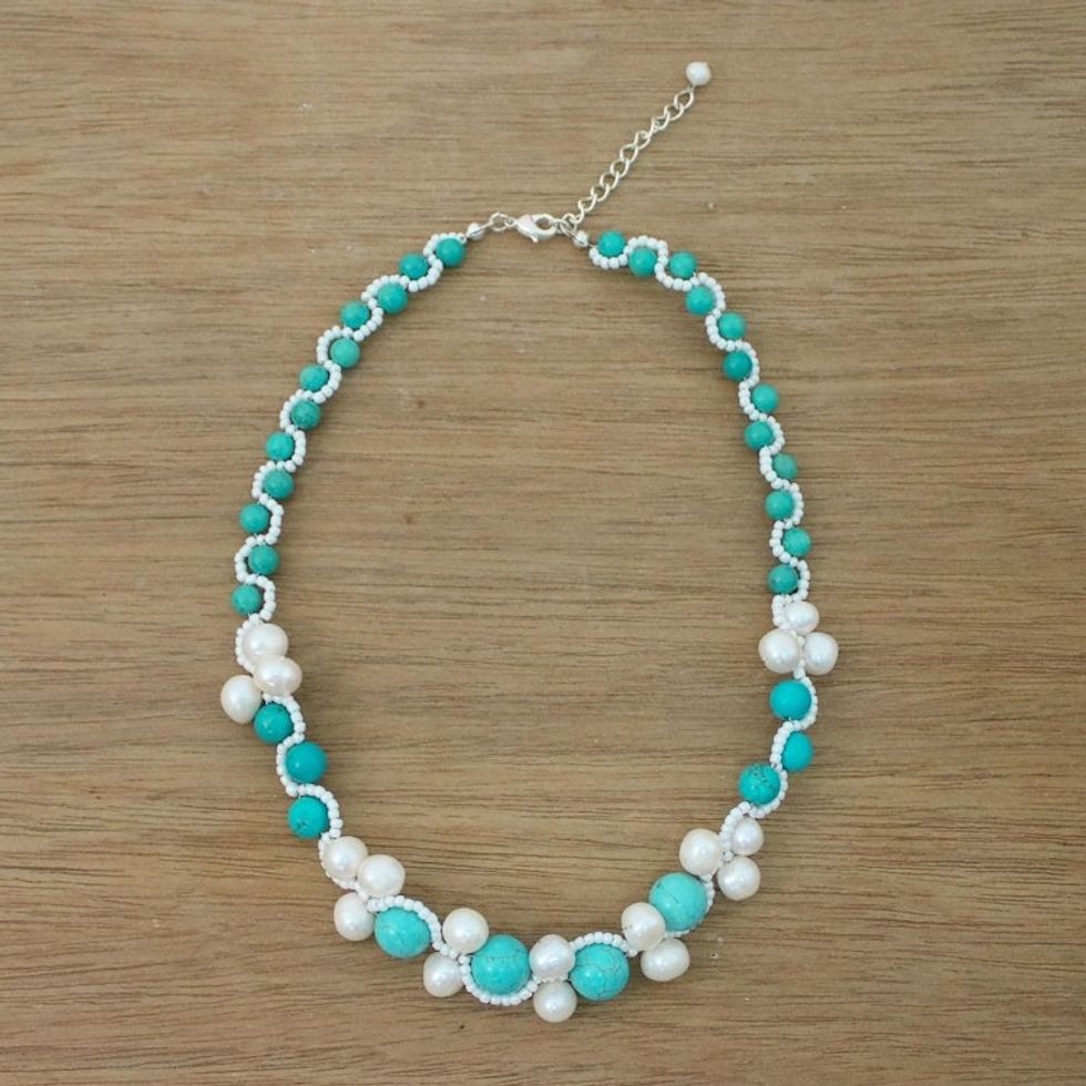 Handmade Calcite Cultured Pearl Glass Beaded Necklace 'Blue Runway Chic'