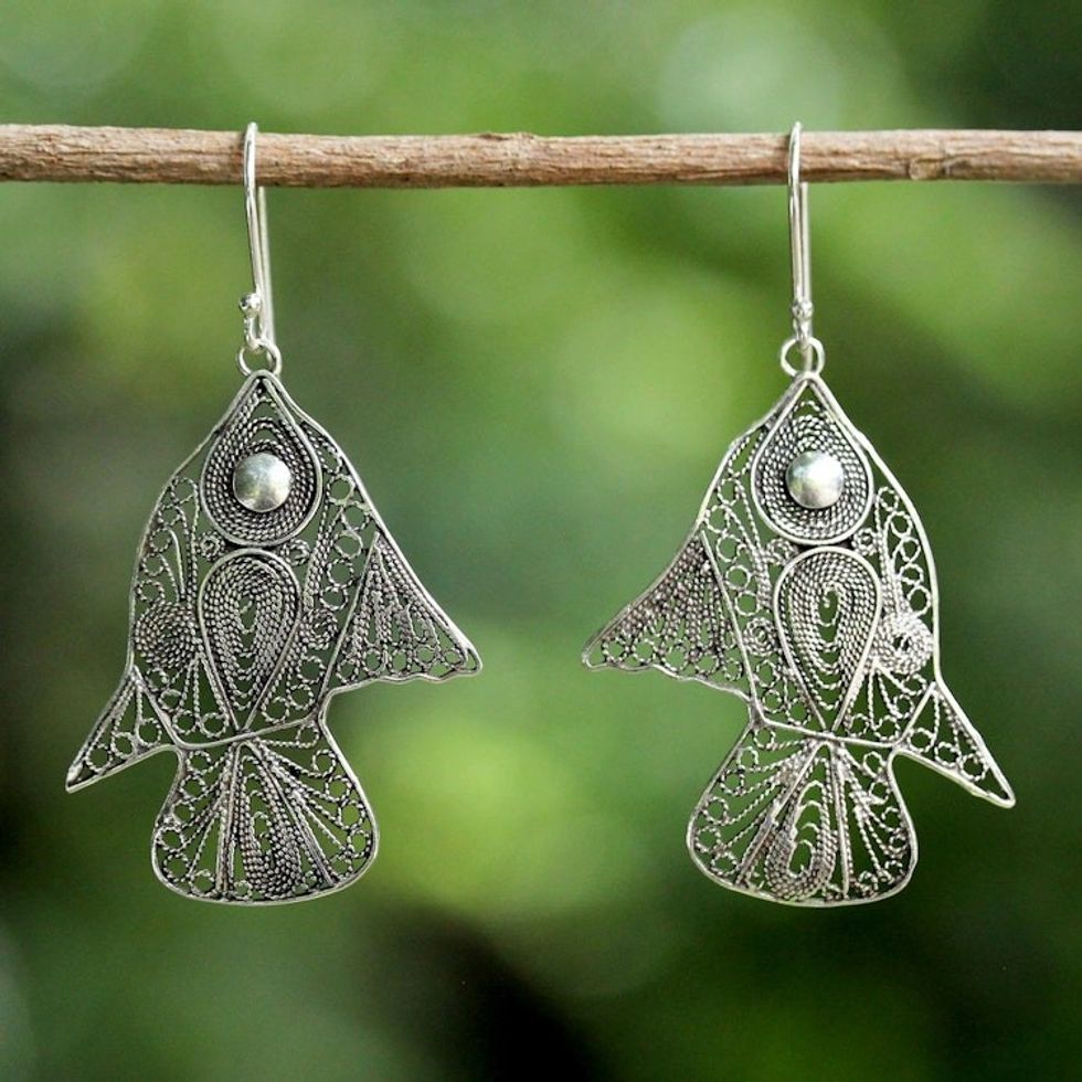 Sterling Silver Fish Filigree Dangle Earrings From Thailand 'Fish Filigree'
