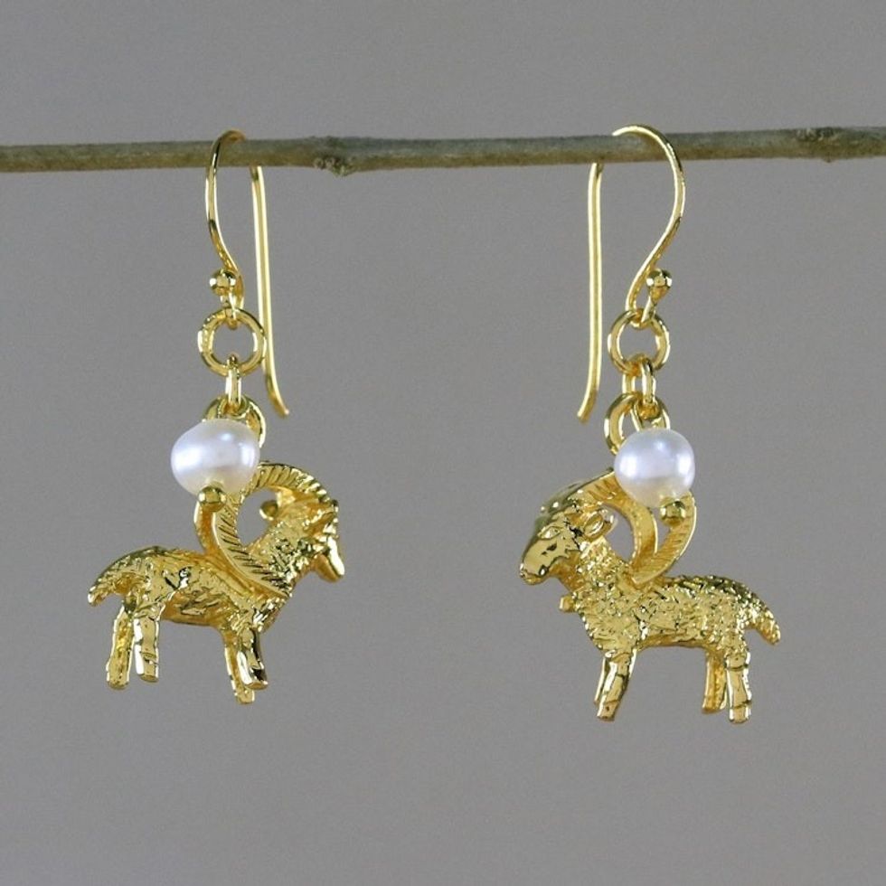Gold Plated Cultured Pearl Aries Earrings from Thailand 'Radiant Aries'
