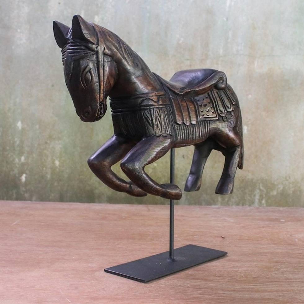 Handmade Wood Horse Statuette from Thailand 'Riding Horse'