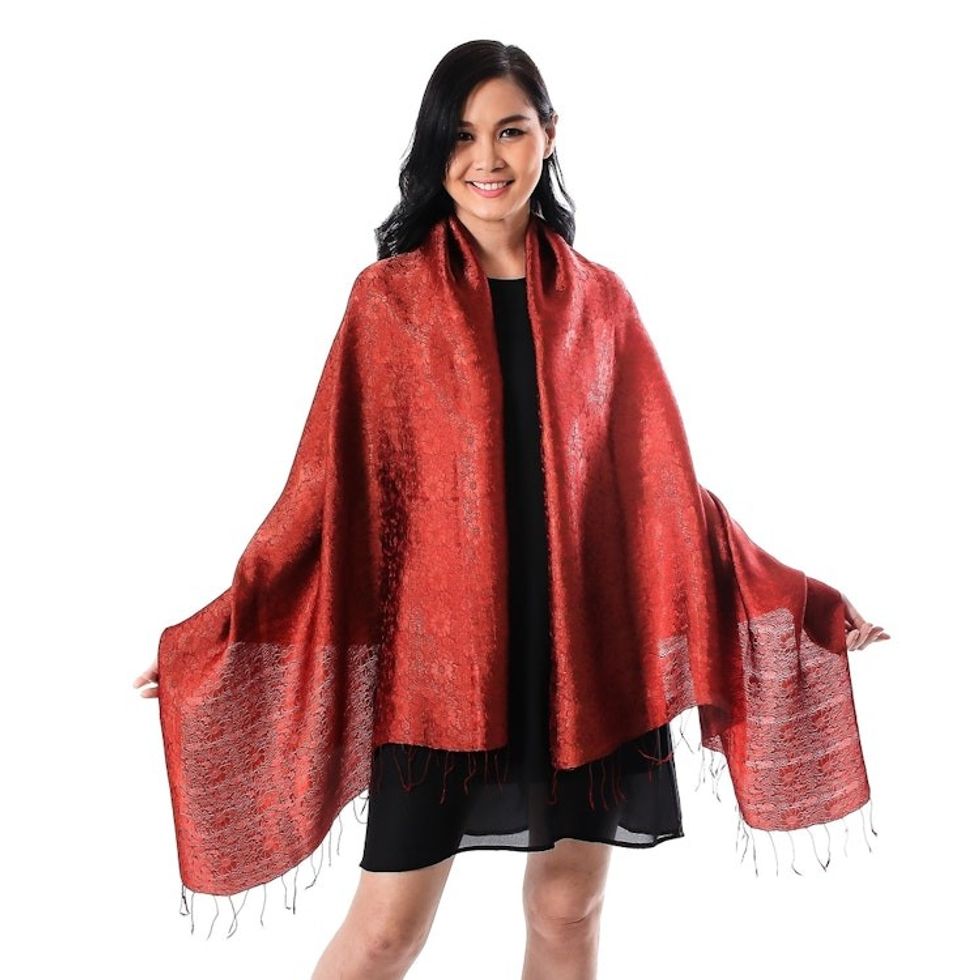 Floral Rayon and Silk Blend Shawl in Claret from Thailand 'Sweet Claret'