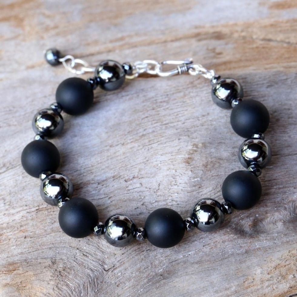 Onyx and Hematite Beaded Bracelet by Thai Artisans 'Dark Cosmos'