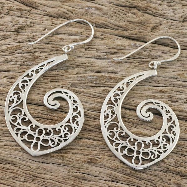 Alternate image for Thai Sterling Silver Spiral Shaped Dangle Earrings Spiraling Charm