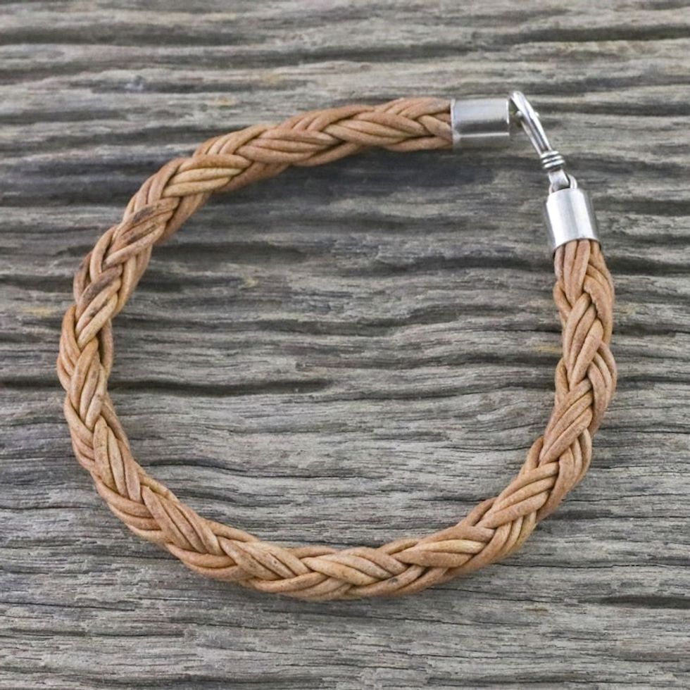 Men's Handmade Braided Leather Bracelet from Thailand 'Thai Insight in Caramel'