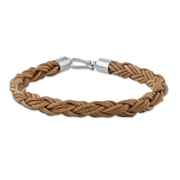Alternate image for Mens Handmade Braided Leather Bracelet from Thailand Thai Insight in Caramel