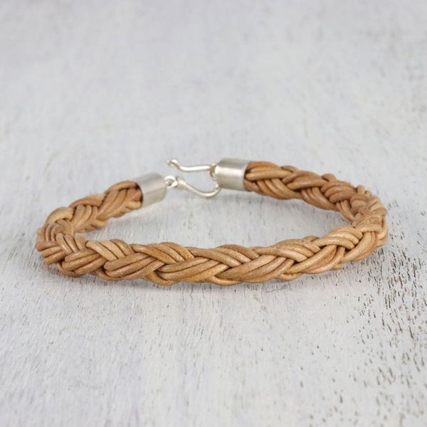 Alternate image for Mens Handmade Braided Leather Bracelet from Thailand Thai Insight in Caramel