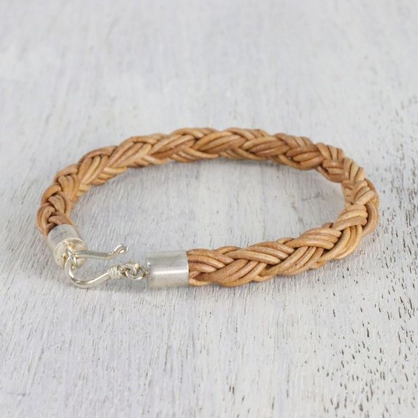 Alternate image for Mens Handmade Braided Leather Bracelet from Thailand Thai Insight in Caramel