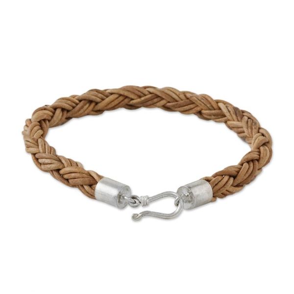 Alternate image for Mens Handmade Braided Leather Bracelet from Thailand Thai Insight in Caramel
