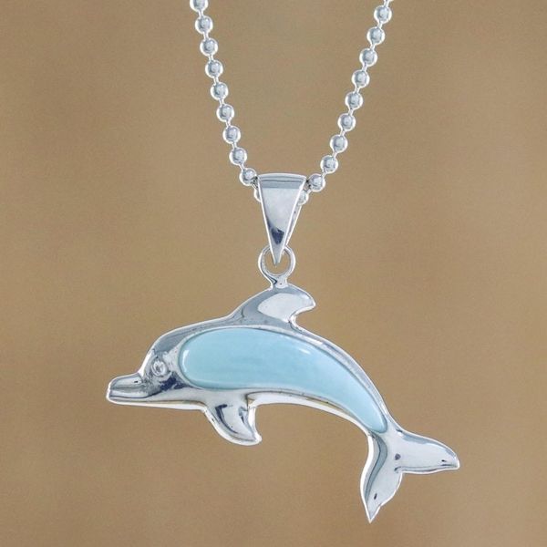 Alternate image for Larimar Sterling Silver Swimming Dolphin Pendant Necklace Sleek Swimmer