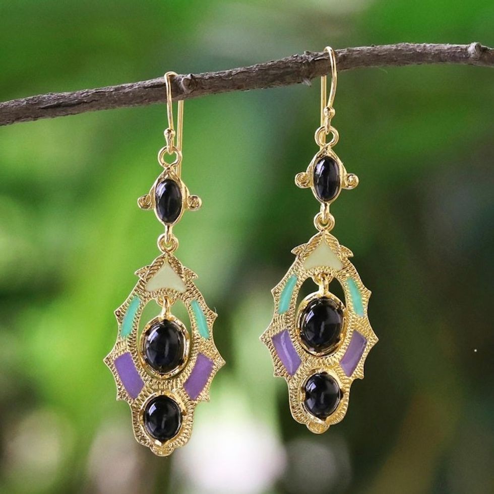 Gold Plated Brass and Resin Colorful Earrings from Thailand 'Ornate Thai'