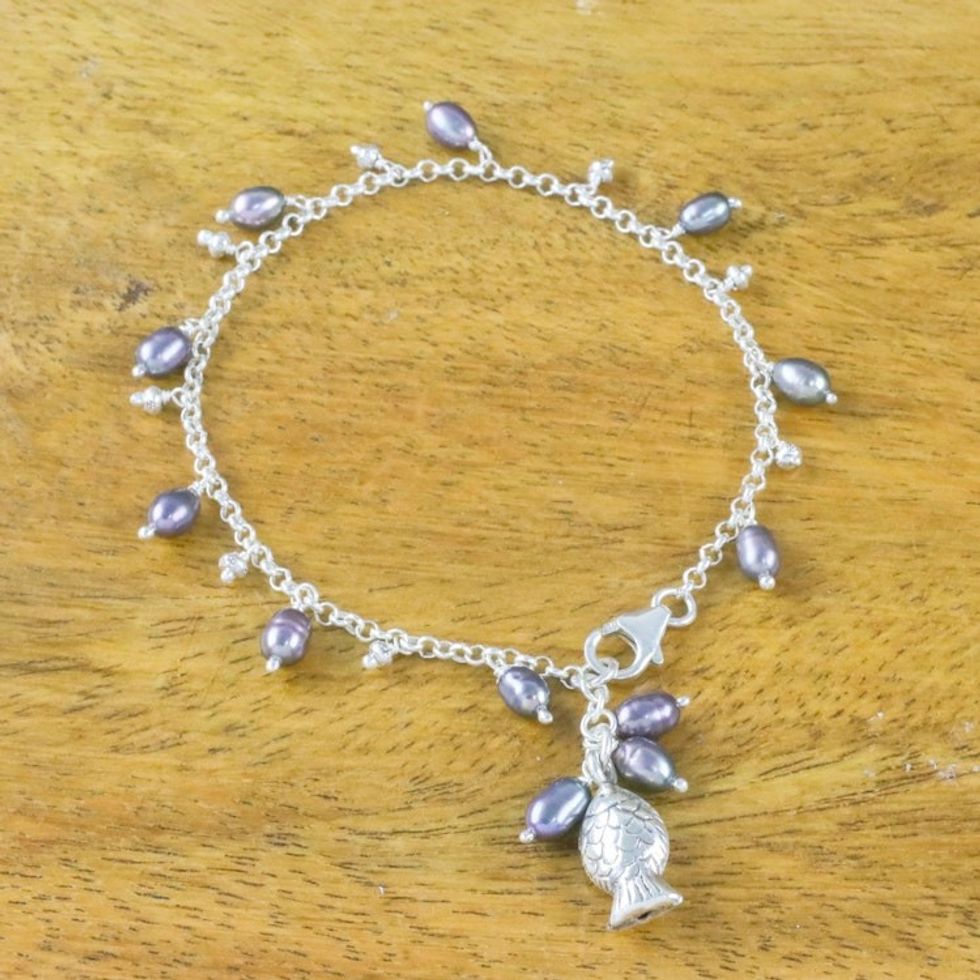 Fish Cultured Pearl Charm Bracelet in Grey from Thailand 'Gleaming Fish in Grey'