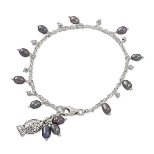 Alternate image for Fish Cultured Pearl Charm Bracelet in Grey from Thailand Gleaming Fish in Grey