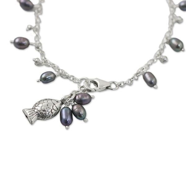 Alternate image for Fish Cultured Pearl Charm Bracelet in Grey from Thailand Gleaming Fish in Grey