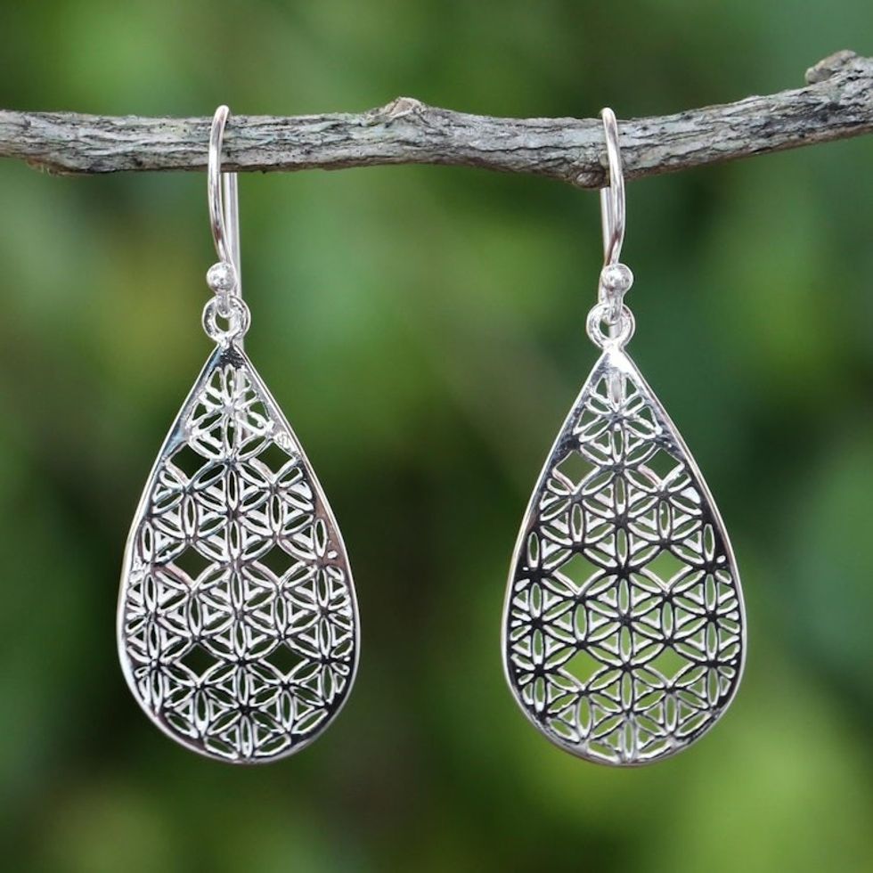 Sterling Silver Drop-Shaped Dangle Earrings from Thailand 'Frangipani Drops'