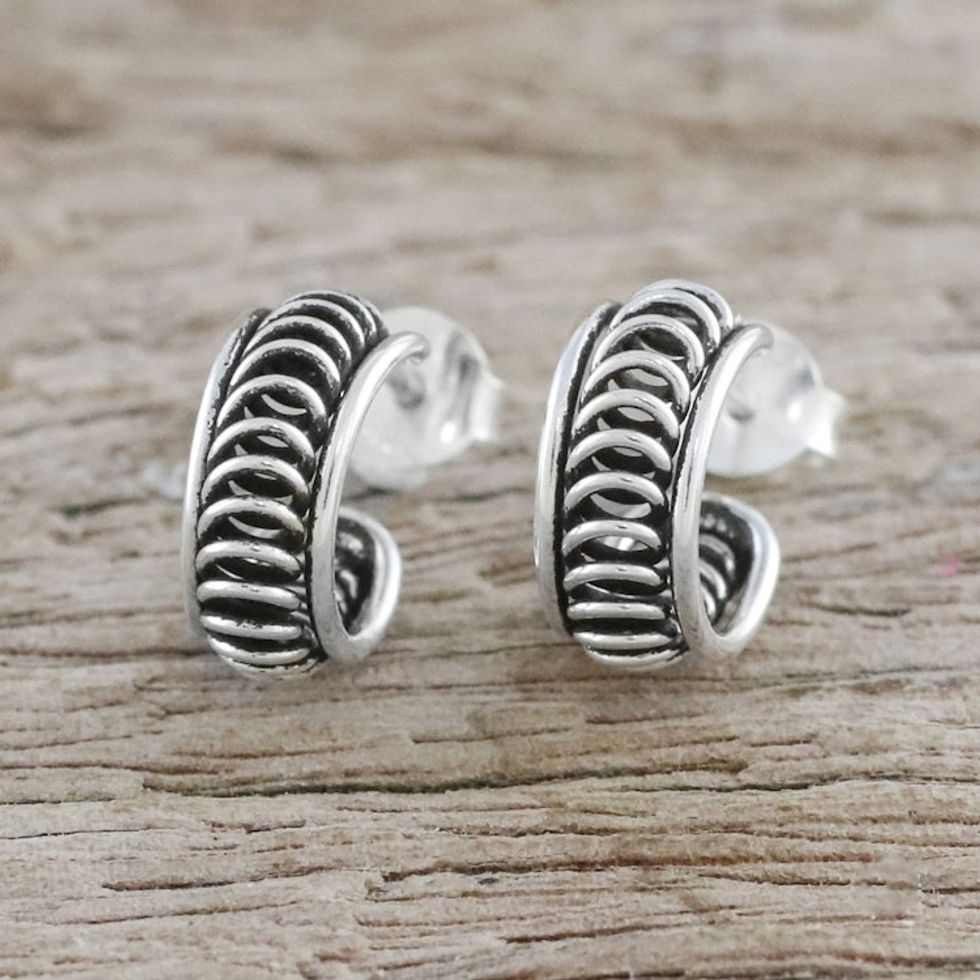 Handcrafted Sterling Silver Half Hoop Earrings from Thailand 'Winding'