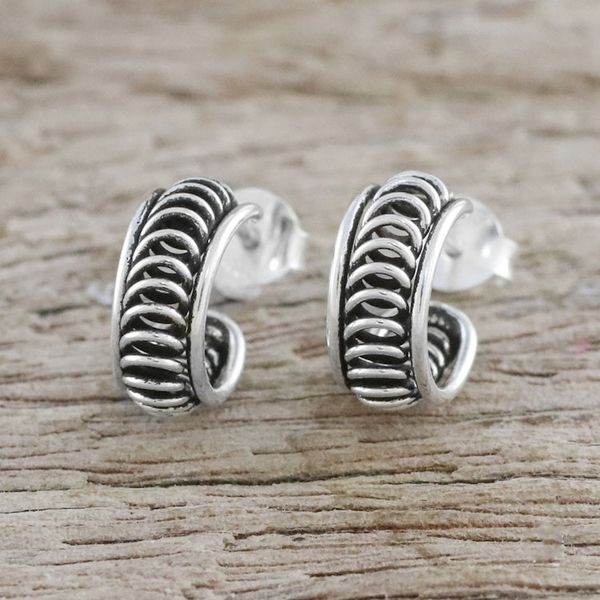 Alternate image for Handcrafted Sterling Silver Half Hoop Earrings from Thailand Winding