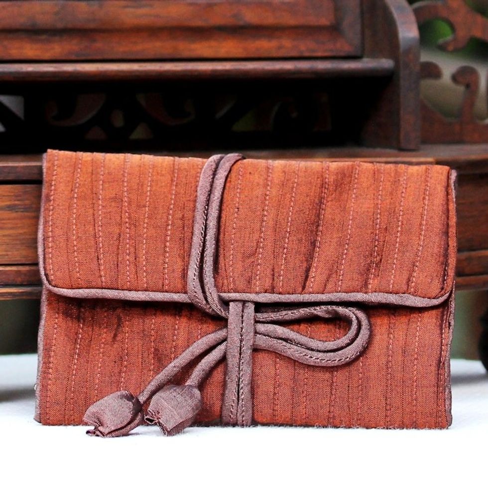 Hand Woven Silk and Rayon Blend Thai Jewelry Roll in Russet 'Enchanted Journey in Russet'