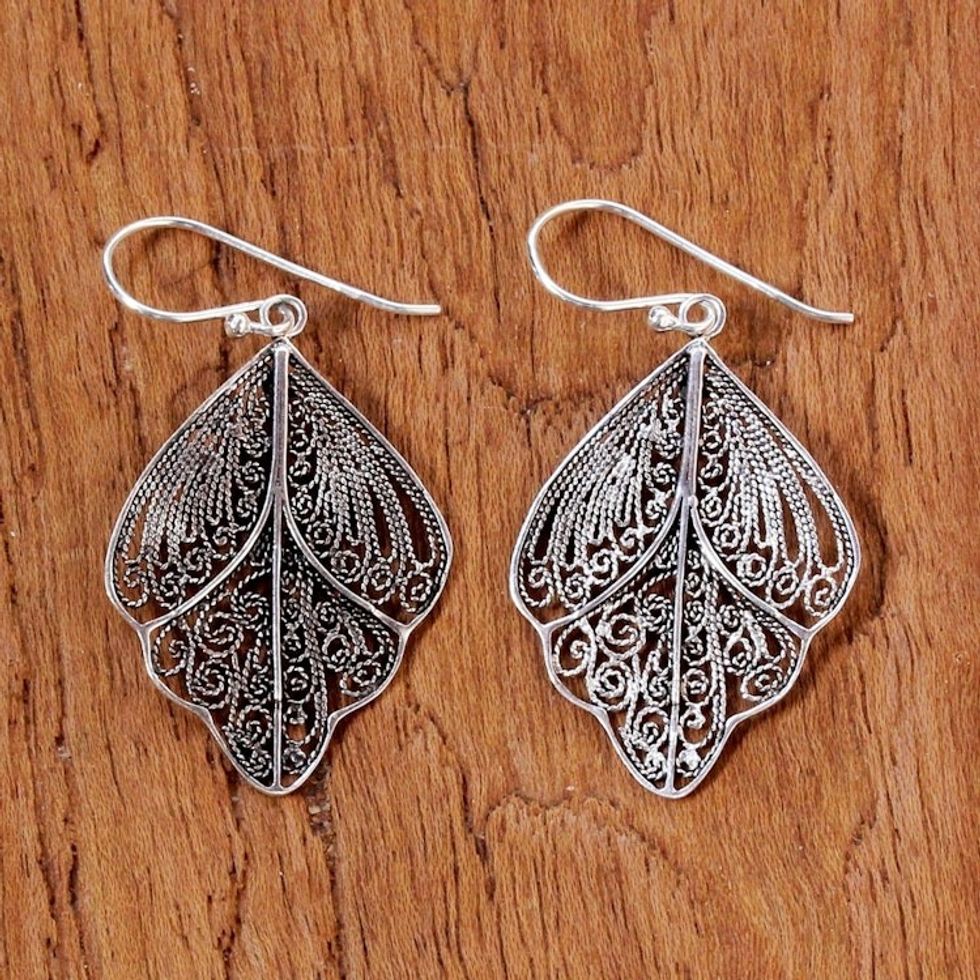 Sterling Silver Thai Filigree Spiral Dangle Earrings 'Sleeping Butterflies'