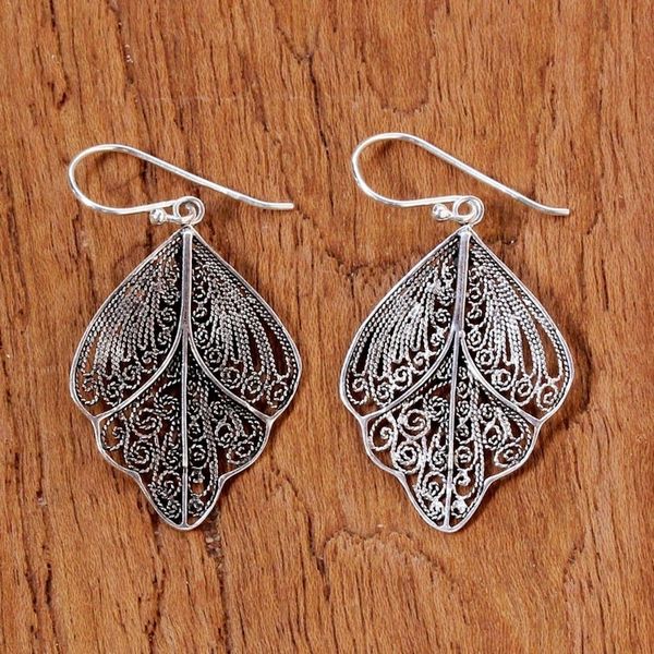 Alternate image for Sterling Silver Thai Filigree Spiral Dangle Earrings Sleeping Butterflies