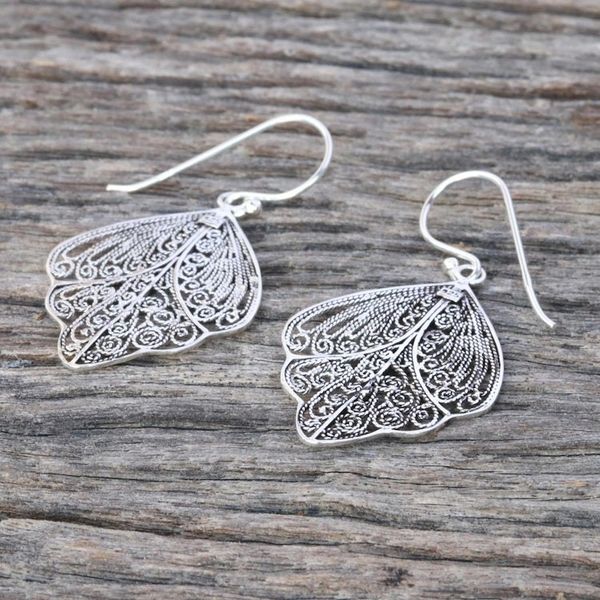 Alternate image for Sterling Silver Thai Filigree Spiral Dangle Earrings Sleeping Butterflies