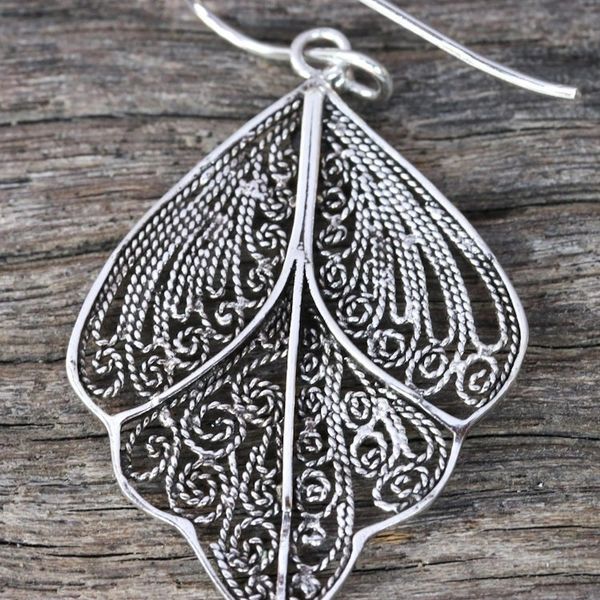 Alternate image for Sterling Silver Thai Filigree Spiral Dangle Earrings Sleeping Butterflies