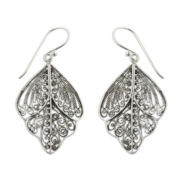 Alternate image for Sterling Silver Thai Filigree Spiral Dangle Earrings Sleeping Butterflies