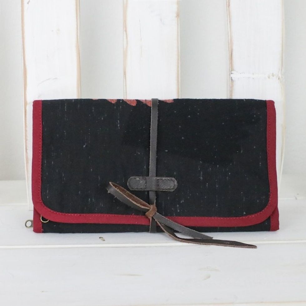 Thai Cotton Jewelry Roll Travel Case with 3 Pockets 'Happy Travels'