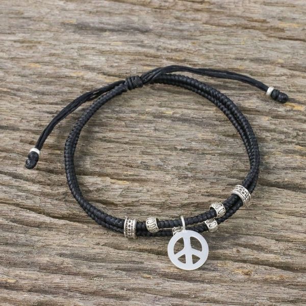 Alternate image for Ebony Colored Cord Beaded Bracelet with Silver Peace Charm Peace and Amity
