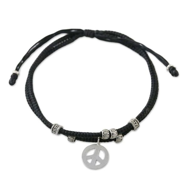 Alternate image for Ebony Colored Cord Beaded Bracelet with Silver Peace Charm Peace and Amity