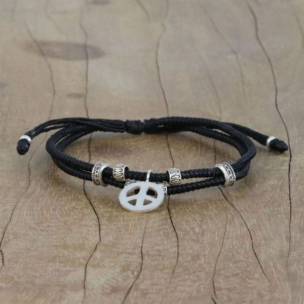 Alternate image for Ebony Colored Cord Beaded Bracelet with Silver Peace Charm Peace and Amity