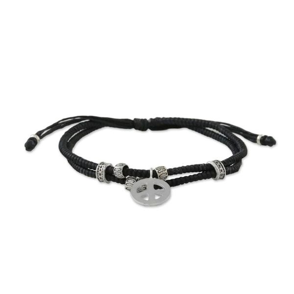 Alternate image for Ebony Colored Cord Beaded Bracelet with Silver Peace Charm Peace and Amity