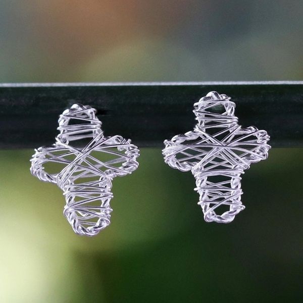 Alternate image for Sterling Silver Wrap Cross Stud Earrings Crafted in Thailand Cross Wrap