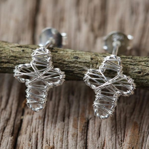 Alternate image for Sterling Silver Wrap Cross Stud Earrings Crafted in Thailand Cross Wrap