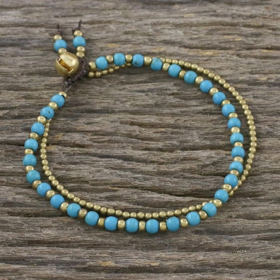 Handmade Calcite Brass Beaded Bracelet with Loop Closure 'Valley of Blue'