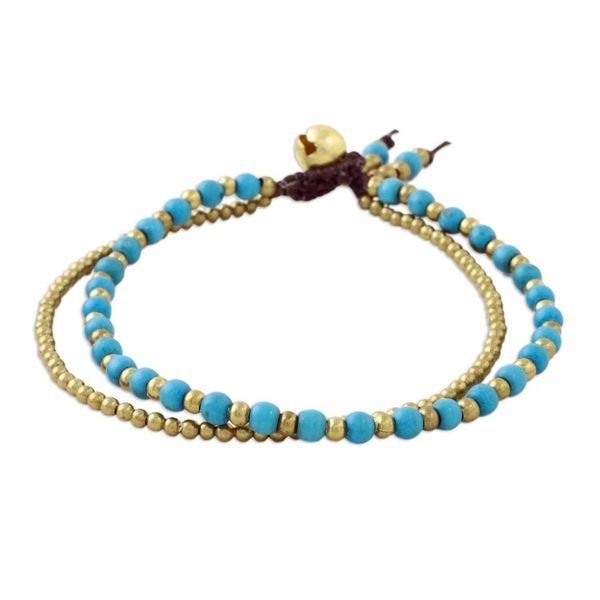 Alternate image for Handmade Calcite Brass Beaded Bracelet with Loop Closure Valley of Blue