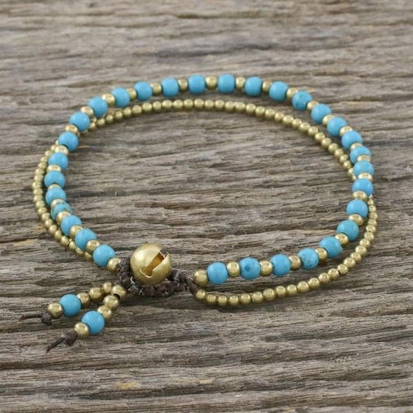 Alternate image for Handmade Calcite Brass Beaded Bracelet with Loop Closure Valley of Blue