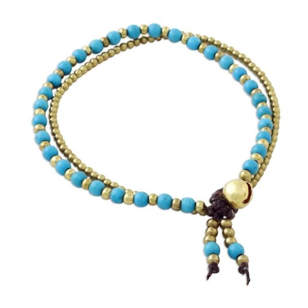 Alternate image for Handmade Calcite Brass Beaded Bracelet with Loop Closure Valley of Blue