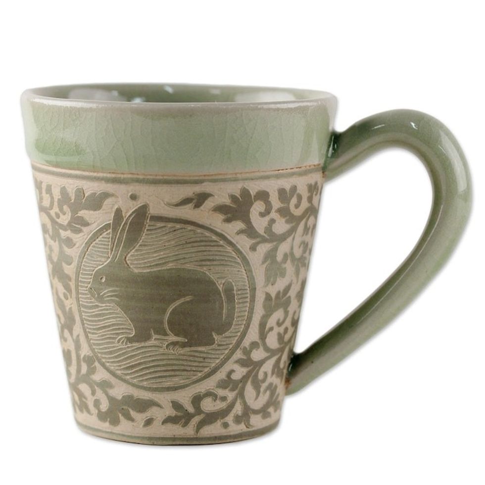 Celadon Glazed Ceramic Mug with Rabbit from Thailand 'Thai Zodiac Rabbit'