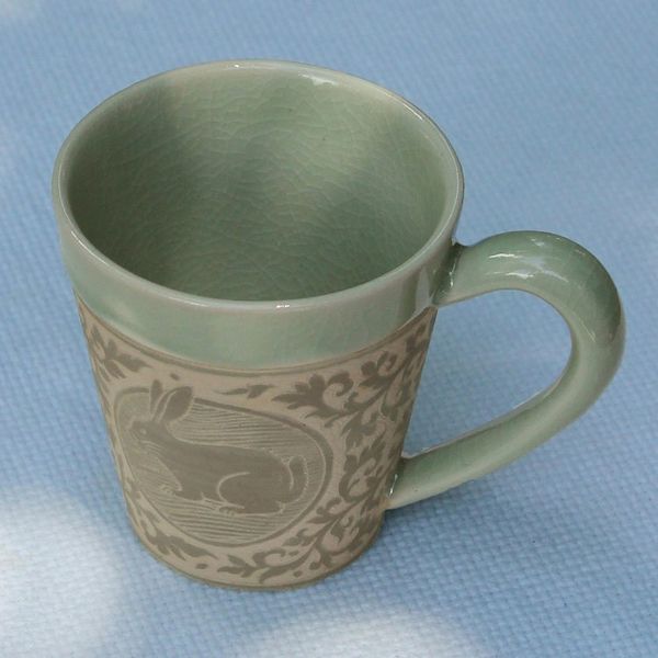 Alternate image for Celadon Glazed Ceramic Mug with Rabbit from Thailand Thai Zodiac Rabbit